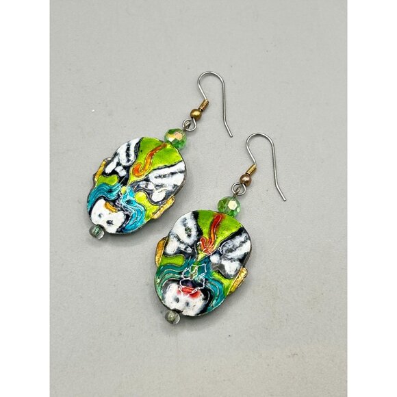 Handcrafted Japanese Opera Mask Cloisonné Earrings with Dangle Hooks - Picture 2 of 5